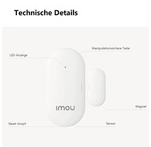 Imou Tür- und Fenstersensor mit Imou Logo und technischen Details: LED-Anzeige, manipulationssichere Taste, Reset-Knopf, Magnet und Sensor.
