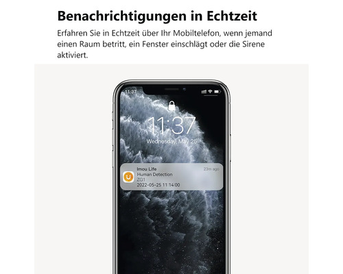 Smartphone zeigt eine Echtzeit-Benachrichtigung für eine Personenerkennung über die Imou Life App.