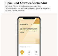 Smartphone zeigt App-Oberfläche für Heim- und Abwesenheitsmodus zur Steuerung von Sensoren für die Sicherheit im Haus.