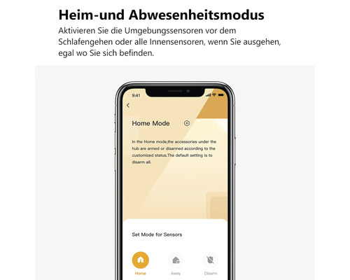 Smartphone zeigt App-Oberfläche für Heim- und Abwesenheitsmodus zur Steuerung von Sensoren für die Sicherheit im Haus.