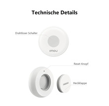 Technische Details eines runden Funk-Schalters mit Imou Logo, Reset-Knopf und Heckklappe.