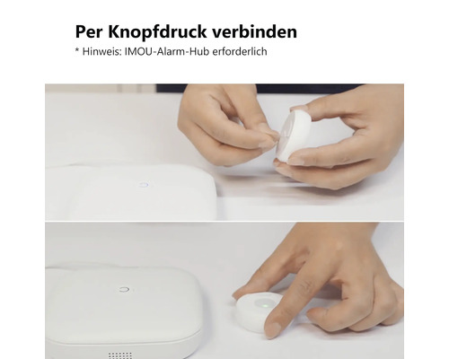 Verbindung eines runden IMOU Sensors mit dem IMOU Alarm Hub per Tastendruck.