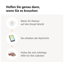 Infografik zum Notfallknopf mit Imou Logo: Drücken des Knopfes löst eine Benachrichtigung auf dem Smartphone aus, um sofort Hilfe zu holen.