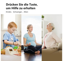 Notruf-System für Kinder, Schwangere und Senioren mit drei Anwendungsszenarien: spielendes Kind, meditierende Schwangere und ältere Frau.