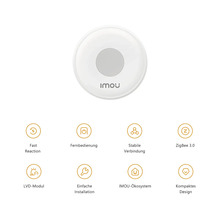 IMOU Logo auf smartem Taster mit Funktionen für schnelle Reaktion, Fernbedienung, ZigBee 3.0, einfache Installation und kompaktes Design.