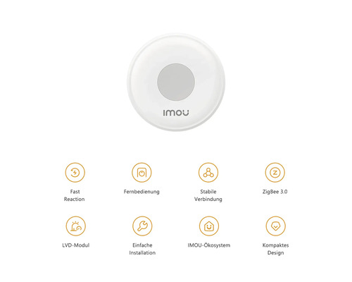 IMOU Logo auf smartem Taster mit Funktionen für schnelle Reaktion, Fernbedienung, ZigBee 3.0, einfache Installation und kompaktes Design.