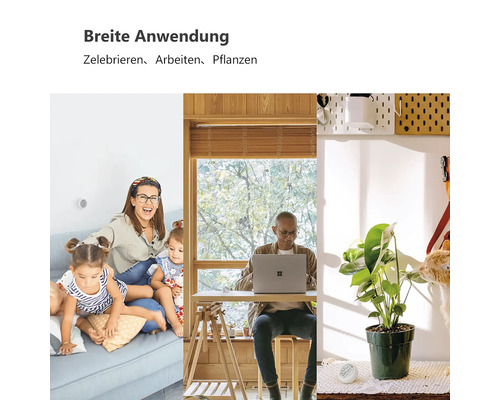 Weißer runder Smart Home Sensor in hellen Innenräumen: Wohnzimmer mit Familie, Schreibtisch mit Laptop und neben einer Zimmerpflanze.
