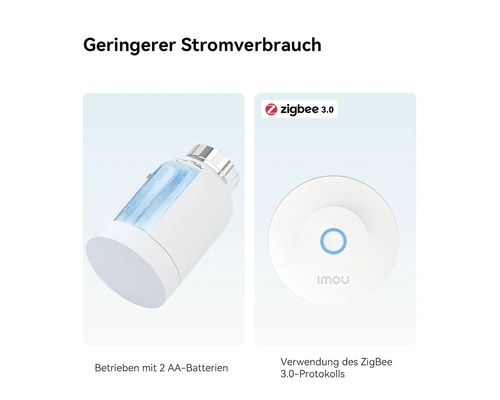 Thermostat de radiateur intelligent Imou avec deux piles AA et une passerelle Zigbee 3.0 pour une faible consommation d'énergie.