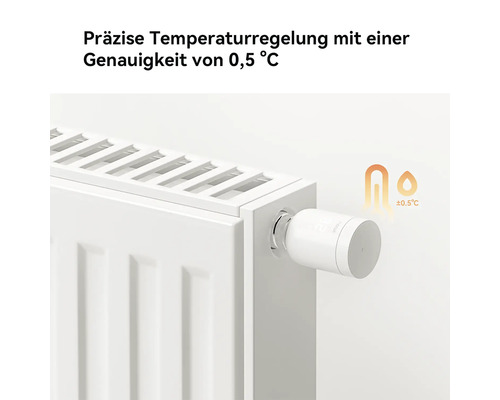Thermostat intelligent sur radiateur avec régulation précise de la température de plus ou moins zéro virgule cinq degrés Celsius.