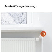 Thermostat de radiateur intelligent avec détection de fenêtre ouverte sur un radiateur sous une fenêtre.