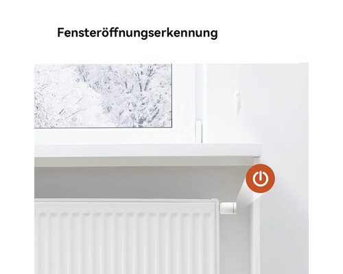 Thermostat de radiateur intelligent avec détection de fenêtre ouverte sur un radiateur sous une fenêtre.
