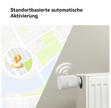 Thermostat de radiateur intelligent Imou avec activation automatique basée sur la localisation, affichage de 28.5 degrés Celsius et carte.