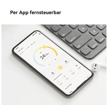 Smartphone affichant une application de contrôle du chauffage avec une température de 24,5 degrés Celsius et divers réglages.