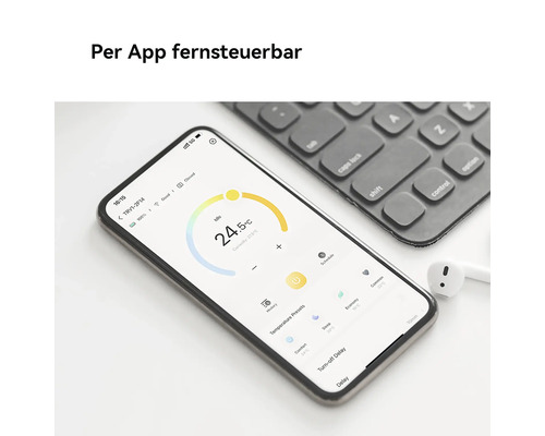 Smartphone affichant une application de contrôle du chauffage avec une température de 24,5 degrés Celsius et divers réglages.
