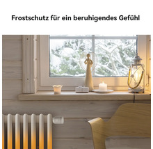 Radiateur blanc avec thermostat de radiateur électronique argenté dans une pièce lumineuse avec vue hivernale par la fenêtre et décoration.
