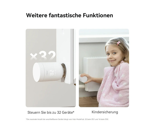 Thermostat de radiateur intelligent avec affichage numérique, contrôle jusqu'à 32 appareils et sécurité enfants.