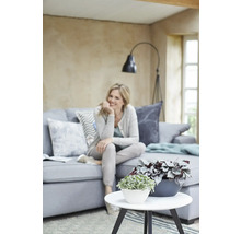 Zwei dekorative Zimmerpflanzen in Töpfen auf einem weißen Couchtisch in einem hellen Wohnzimmer mit einer Frau auf einem Sofa im Hintergrund.