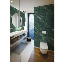 Salle de bains moderne avec murs aspect marbre vert, lavabo blanc, miroir rond et WC suspendu.