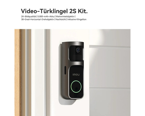 Sonnette vidéo Imou 2S Kit sur mur blanc avec caméra 2K, objectif rotatif horizontal à 30 degrés et bouton d'appel circulaire éclairé.