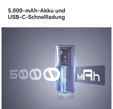 Appareil transparent avec batterie de 5000 milliampères-heures et charge rapide USB-C.