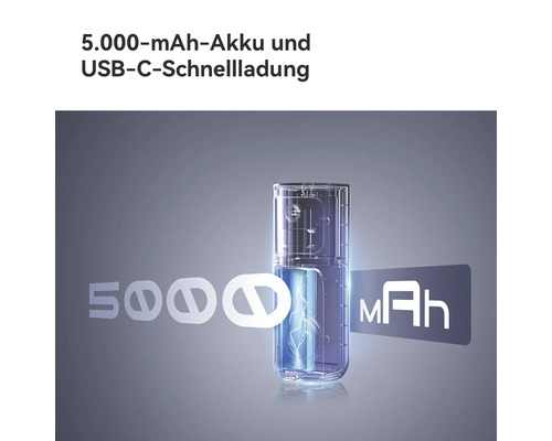 Appareil transparent avec batterie de 5000 milliampères-heures et charge rapide USB-C.