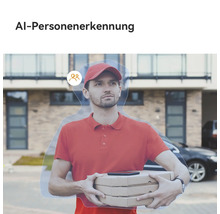 Illustration de la détection de personnes par intelligence artificielle d'une caméra de surveillance avec un livreur devant un bâtiment.