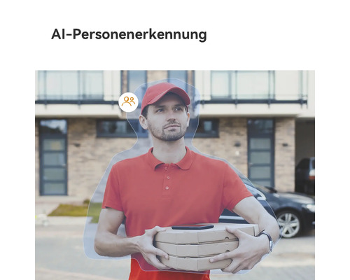 Illustration de la détection de personnes par intelligence artificielle d'une caméra de surveillance avec un livreur devant un bâtiment.