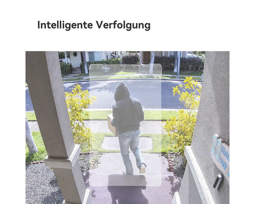 Vue de caméra de surveillance avec suivi intelligent pour une personne avec colis par un cadre numérique.