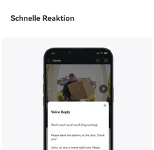 Smartphone avec application pour sonnette vidéo montrant l image en direct d un livreur et un menu pour des réponses vocales automatiques.