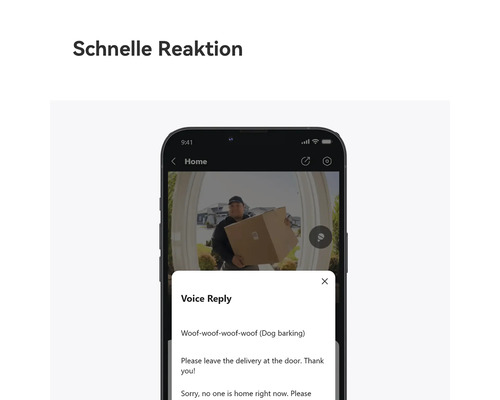 Smartphone avec application pour sonnette vidéo montrant l image en direct d un livreur et un menu pour des réponses vocales automatiques.