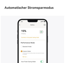 Vue de l'application smartphone pour le mode économie d'énergie automatique avec gestion de la batterie et niveau de charge de 15 pour cent.