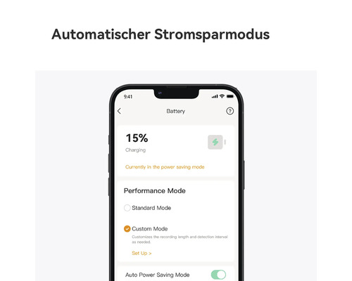 Vue de l'application smartphone pour le mode économie d'énergie automatique avec gestion de la batterie et niveau de charge de 15 pour cent.
