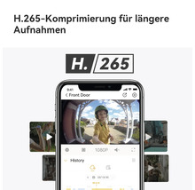 Smartphone avec application de surveillance vidéo, historique et logo H.265 pour une compression efficace et des enregistrements plus longs.