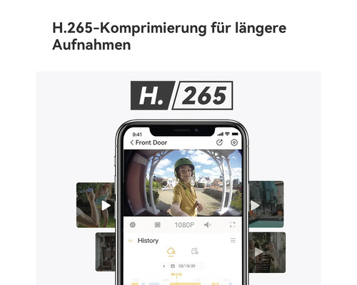 Smartphone avec application de surveillance vidéo, historique et logo H.265 pour une compression efficace et des enregistrements plus longs.