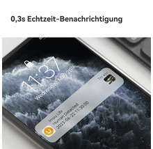Smartphone affichant une notification de l application Imou Life pour une personne détectée en temps réel en zéro virgule trois secondes.