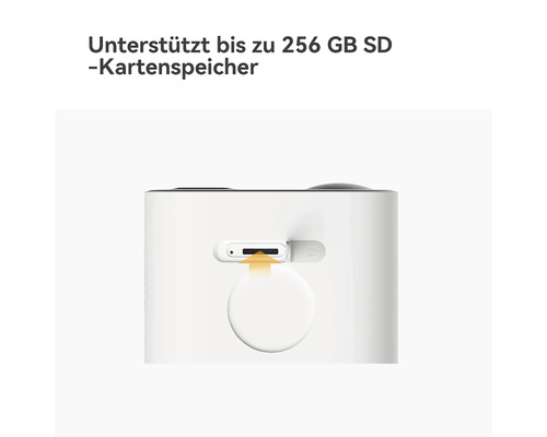 Detailansicht des SD-Kartenslots einer Überwachungskamera für bis zu 256 Gigabyte Speicher.