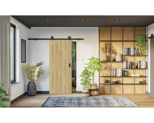 Schiebetür in Holzoptik mit schwarzem Schienensystem in einem hellen, modern eingerichteten Raum mit Regalsystem und Zimmerpflanzen.