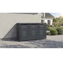 Dreifach-Mülltonnenbox aus Metall in Anthrazit auf einer gepflasterten Fläche vor einer hellen Hauswand.