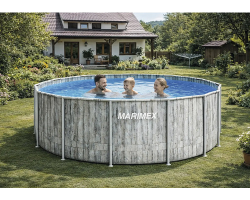 Marimex Aufstellpool mit Rahmen in Holzoptik, rund, im Garten mit einer Familie im Wasser.