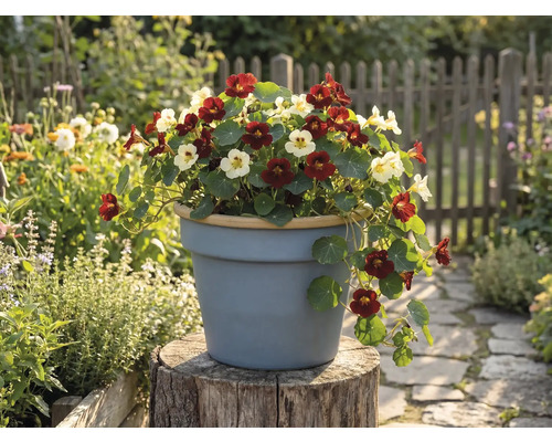 Kapuzinerkresse in Dunkelrot und Creme blühend in einem grauen Blumentopf auf einem Baumstumpf in einem hellen Garten mit Holzzaun.