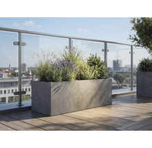 Jardinière rectangulaire aspect béton sur une terrasse de toit avec plancher en bois et garde-corps en verre, plantée de lavande et de graminées.