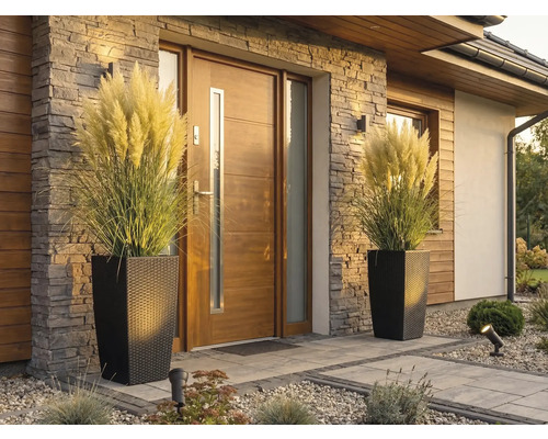 Moderner Hauseingang mit Holzhaustür, Steinverblendung und zwei hohen Pflanzkübeln in Rattan-Optik mit Pampasgras.