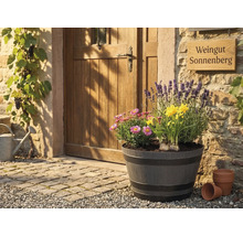 Großer Pflanzkübel in Fass-Optik mit Lavendel, Narzissen und Margeriten vor einer rustikalen Holztür und Steinwand.