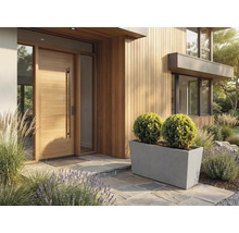 Entrée moderne et lumineuse avec porte en bois, façade en bois et un grand bac à fleurs gris avec deux buis en boule sur une terrasse en pierre.