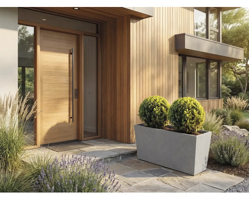 Entrée moderne et lumineuse avec porte en bois, façade en bois et un grand bac à fleurs gris avec deux buis en boule sur une terrasse en pierre.