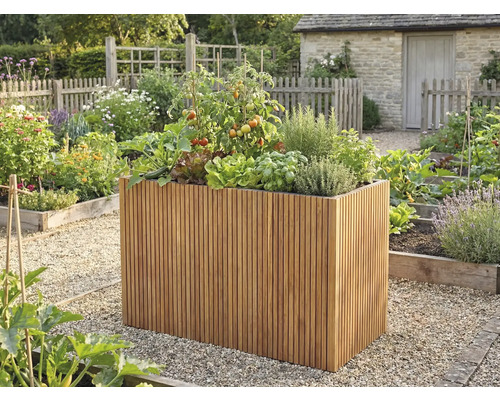 Hochbeet aus vertikalen Holzlatten mit Tomaten und Kräutern in einem hellen, organisierten Garten mit Kieswegen.