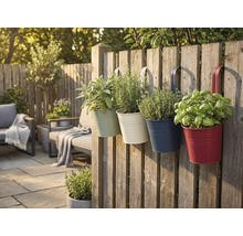 Quatre pots de fleurs suspendus colorés en métal avec des herbes sur une clôture en bois dans un jardin lumineux avec mobilier de terrasse.