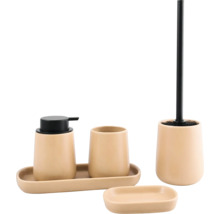 Ensemble d'accessoires de salle de bain avec distributeur de savon, gobelet, plateau, porte-savon et brosse WC en beige et noir.