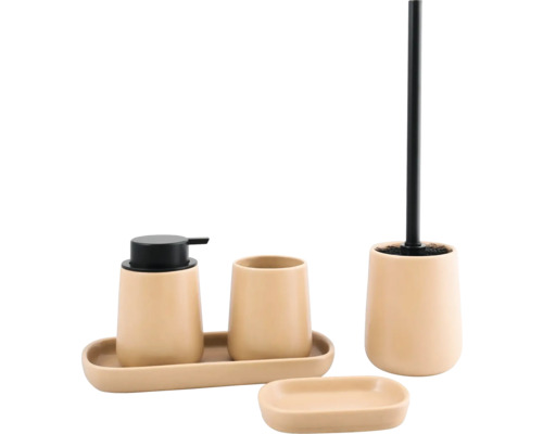 Ensemble d'accessoires de salle de bain avec distributeur de savon, gobelet, plateau, porte-savon et brosse WC en beige et noir.