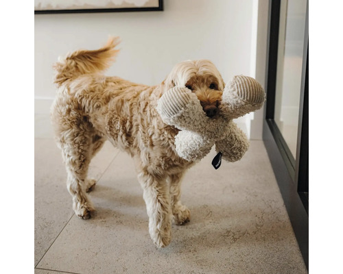 Chien avec un grand jouet en peluche pour chien en forme d'os dans la gueule sur un sol carrelé.